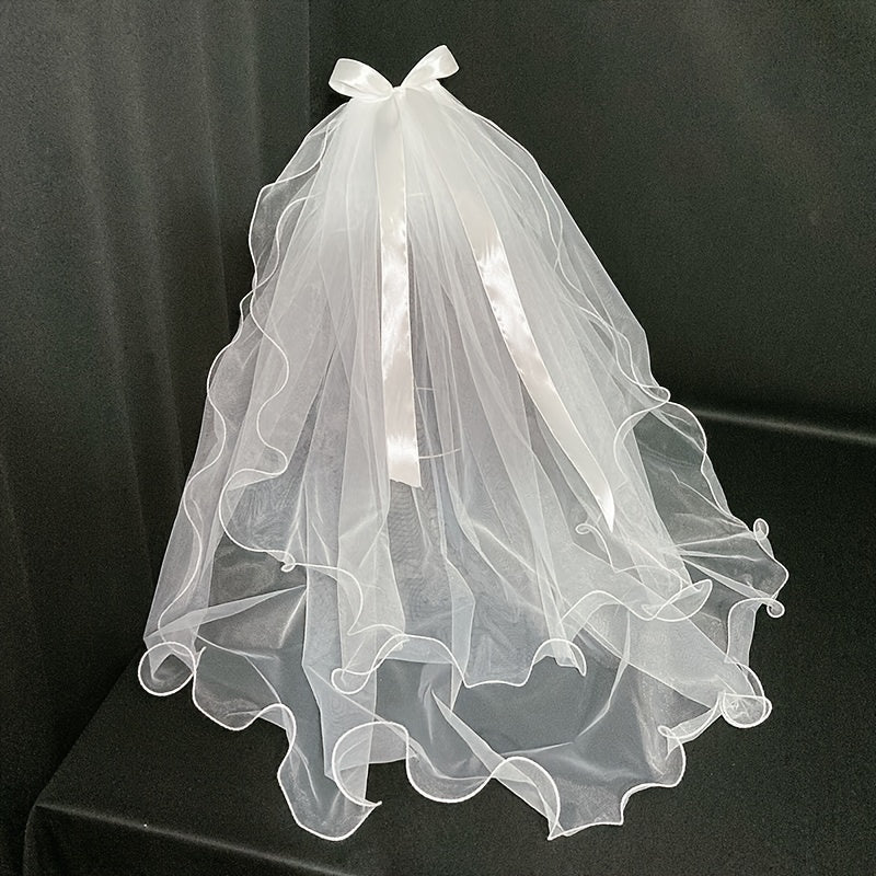 Romantic Bridal Wedding Veil with Bow Soft Tulle Cape Shawl for Bride