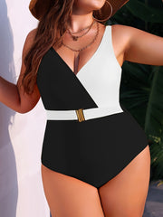 Colorblock V Neck One Piece Swimsuit Plus Size