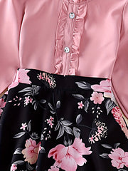 Girl's 2pcs Ruffled Shirt & Floral Skirt Set for Kids