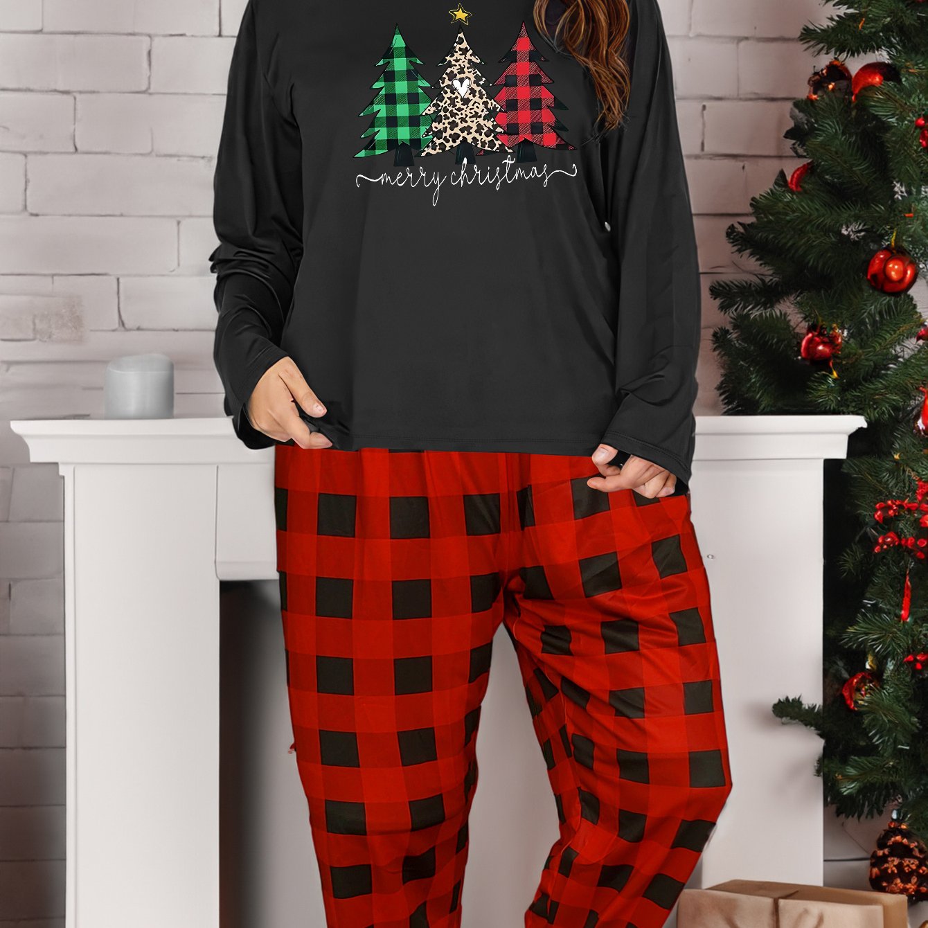 Christmas Lounge Set Leopard Tee & Plaid Pants Pajamas