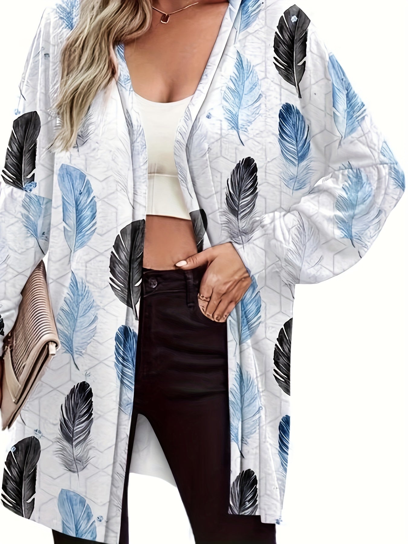 Feather Print Long Sleeve Open Front Cardigan