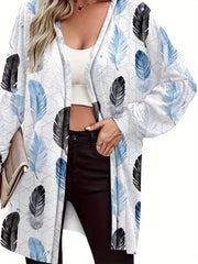 Feather Print Long Sleeve Open Front Cardigan