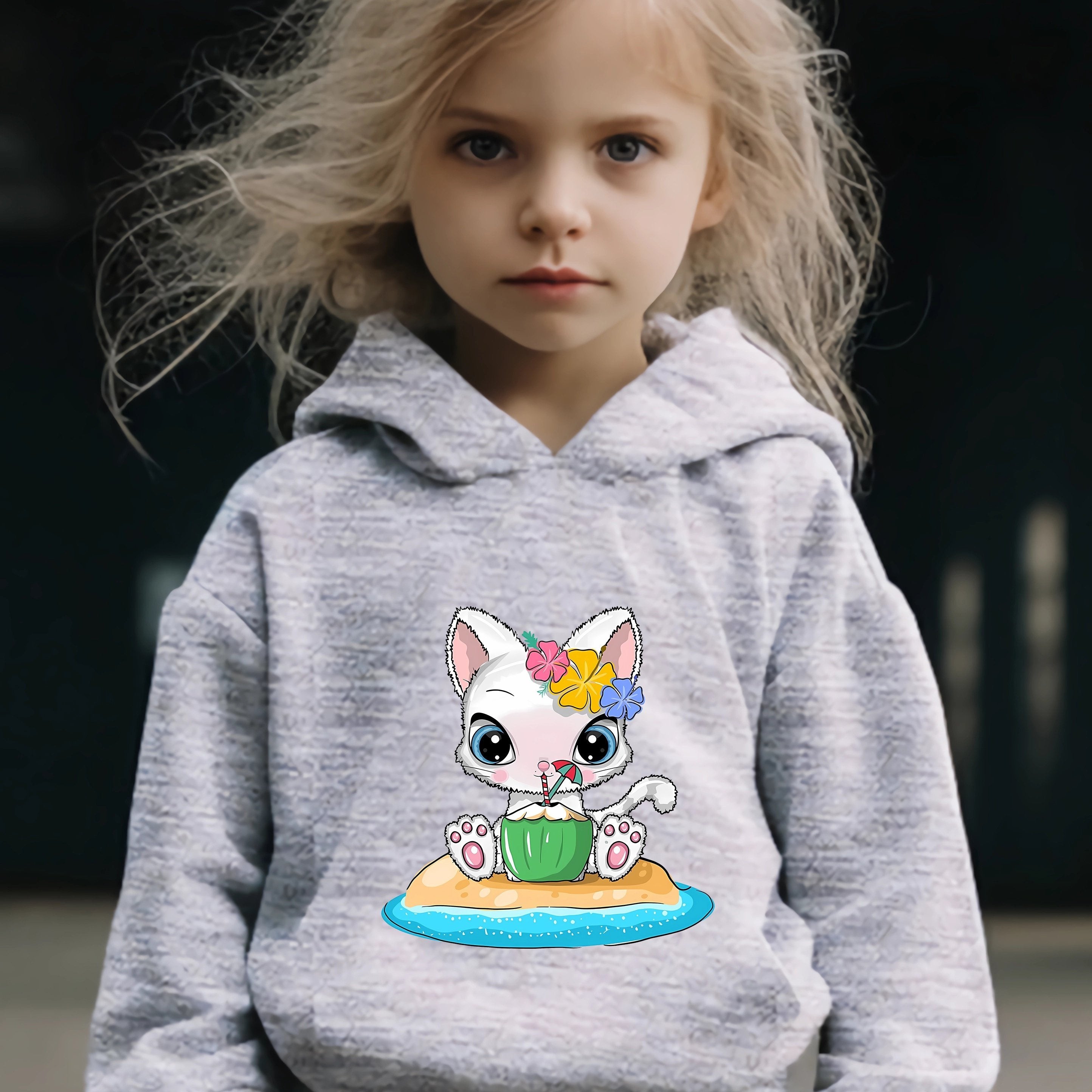 Cartoon Cat & Coconut Print Hoodie & Pants Set, Girl's Sporty Clothes
