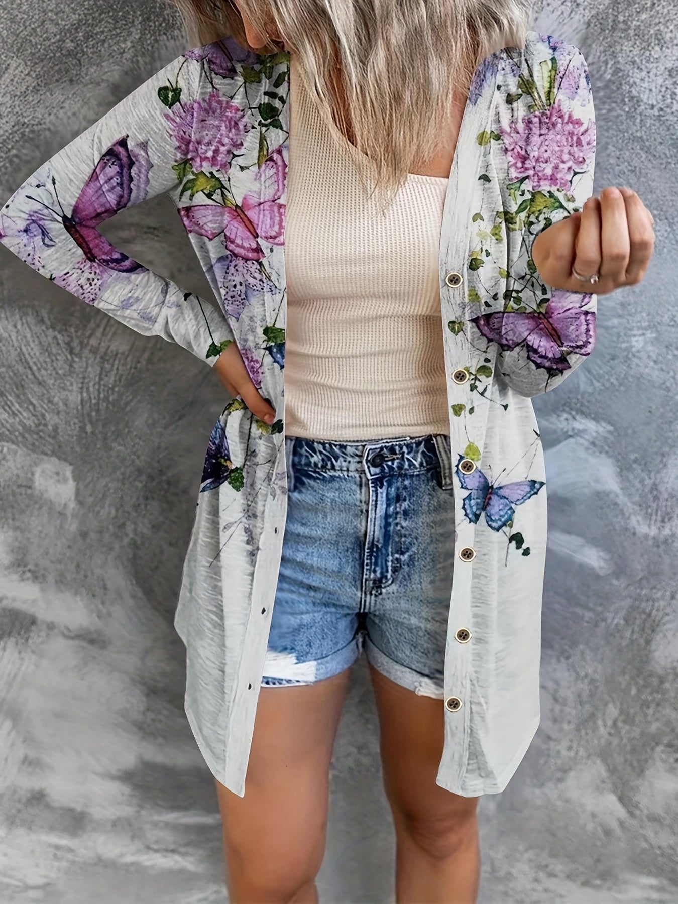 Floral Print Long Sleeve Cover Up