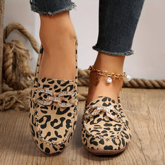 Leopard Print Flat Shoes Rhinestone Buckle Slip On Lightweight Walking Shoes
