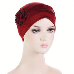Flower Decor Turban Solid Beanie Head Scarf Ramadan Head Wrap