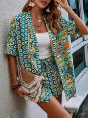 Ethnic Print Two-Piece Set Open Front Top & Drawstring Shorts