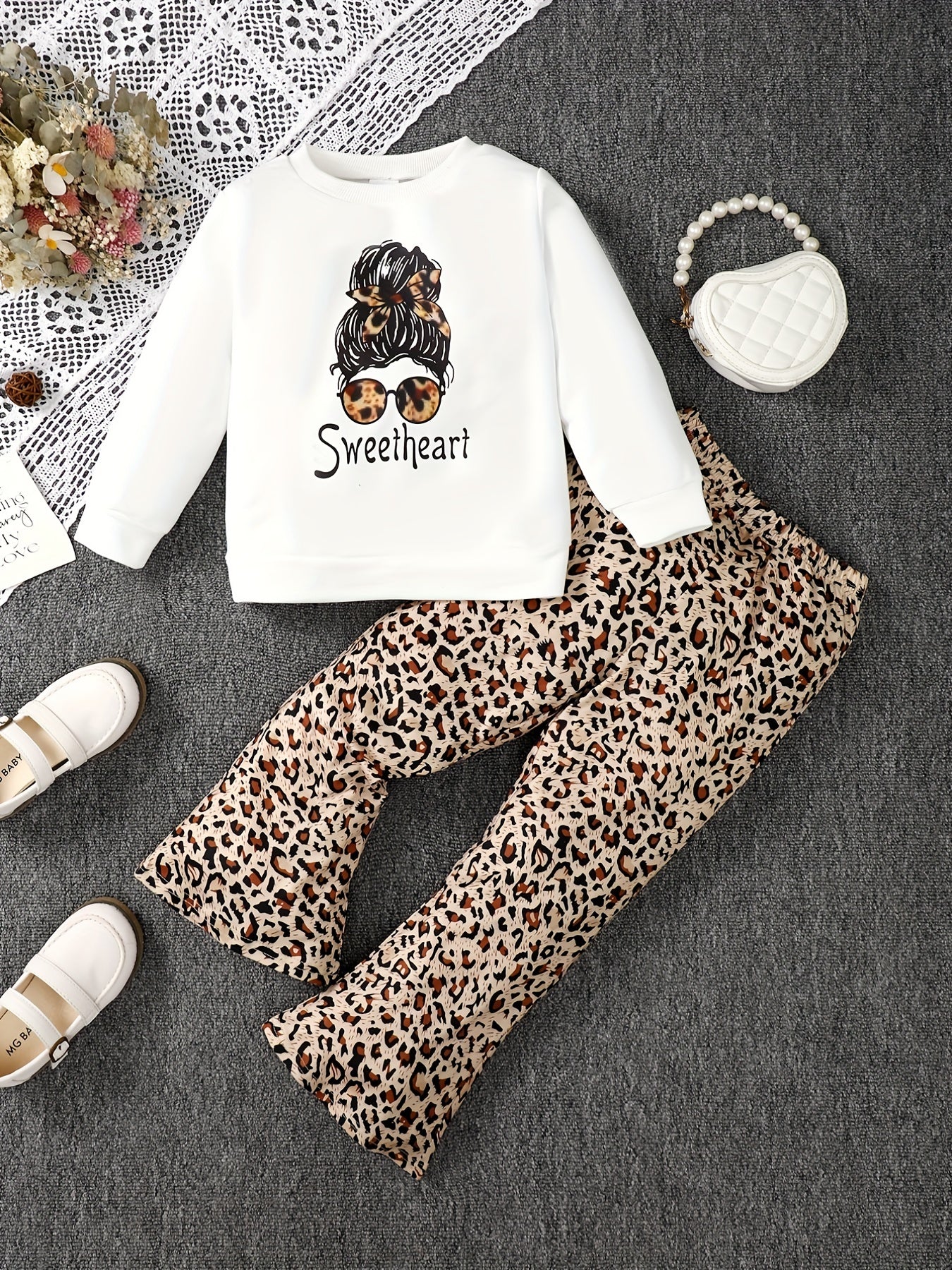 Girl's Leopard Outfit Sweatshirt & Flared Pants Set for Spring Fall