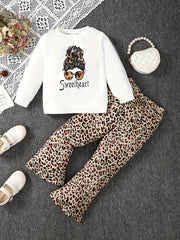 Girl's Leopard Outfit Sweatshirt & Flared Pants Set for Spring Fall