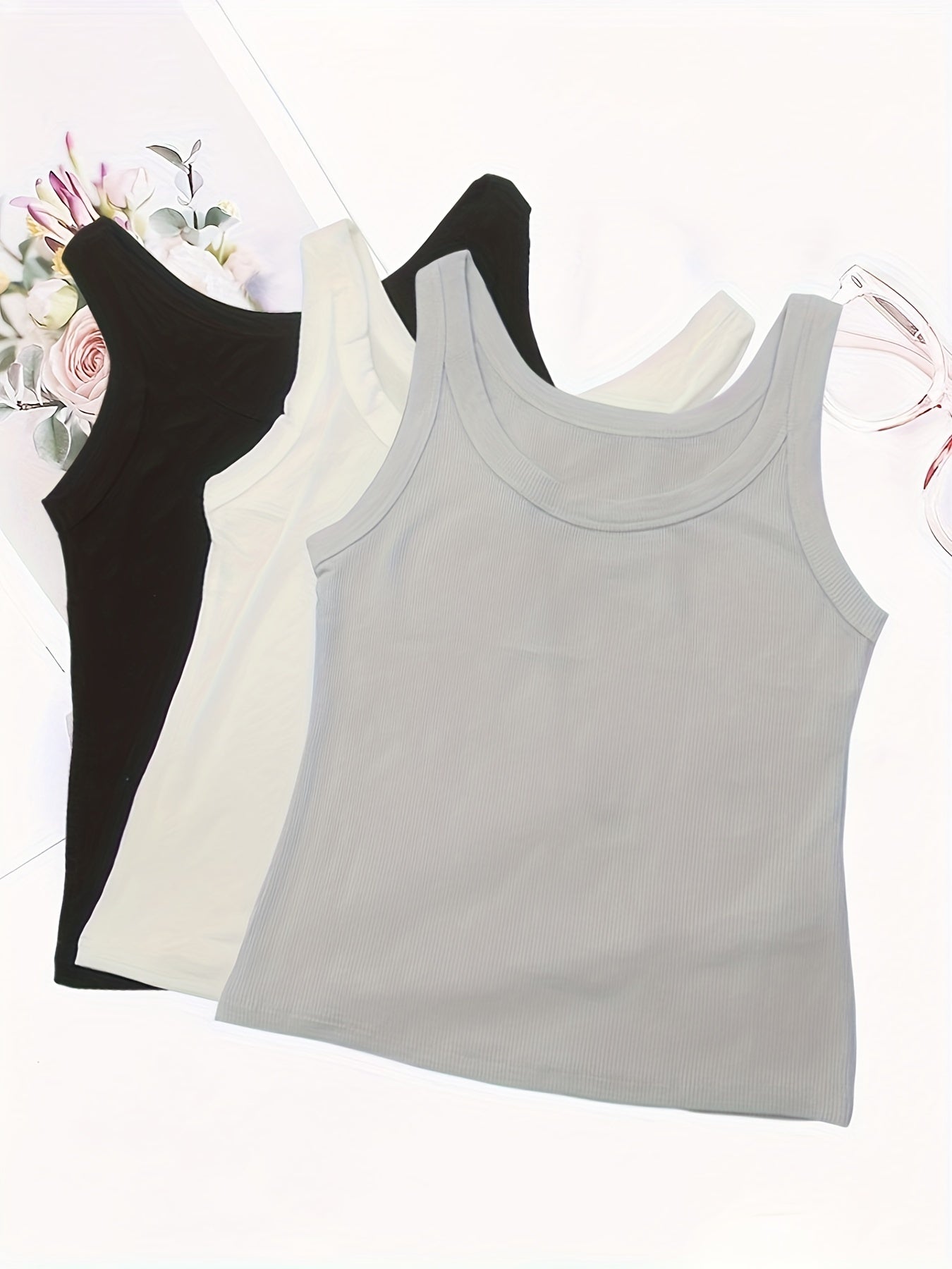 3pcs Ribbed Tank Tops Crew Neck All match Women's Lingerie