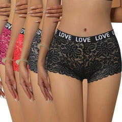 4pcs Lace Boyshort Panties Floral Print Intimates Women's Lingerie