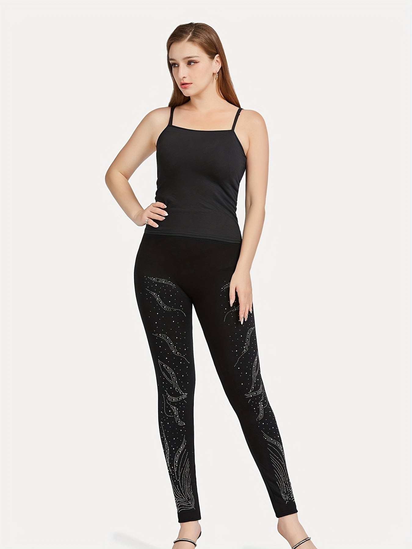 Floral Rhinestone Skinny Leggings Women's Clothing