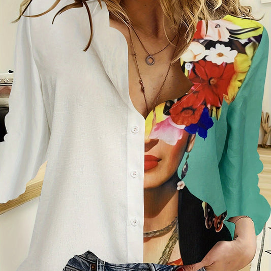 Colorblock Print Button Up Long Sleeve Blouse