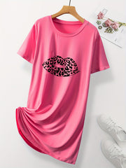 Women's Casual Nightdress Leopard Lip Print Short Sleeve Nightgown