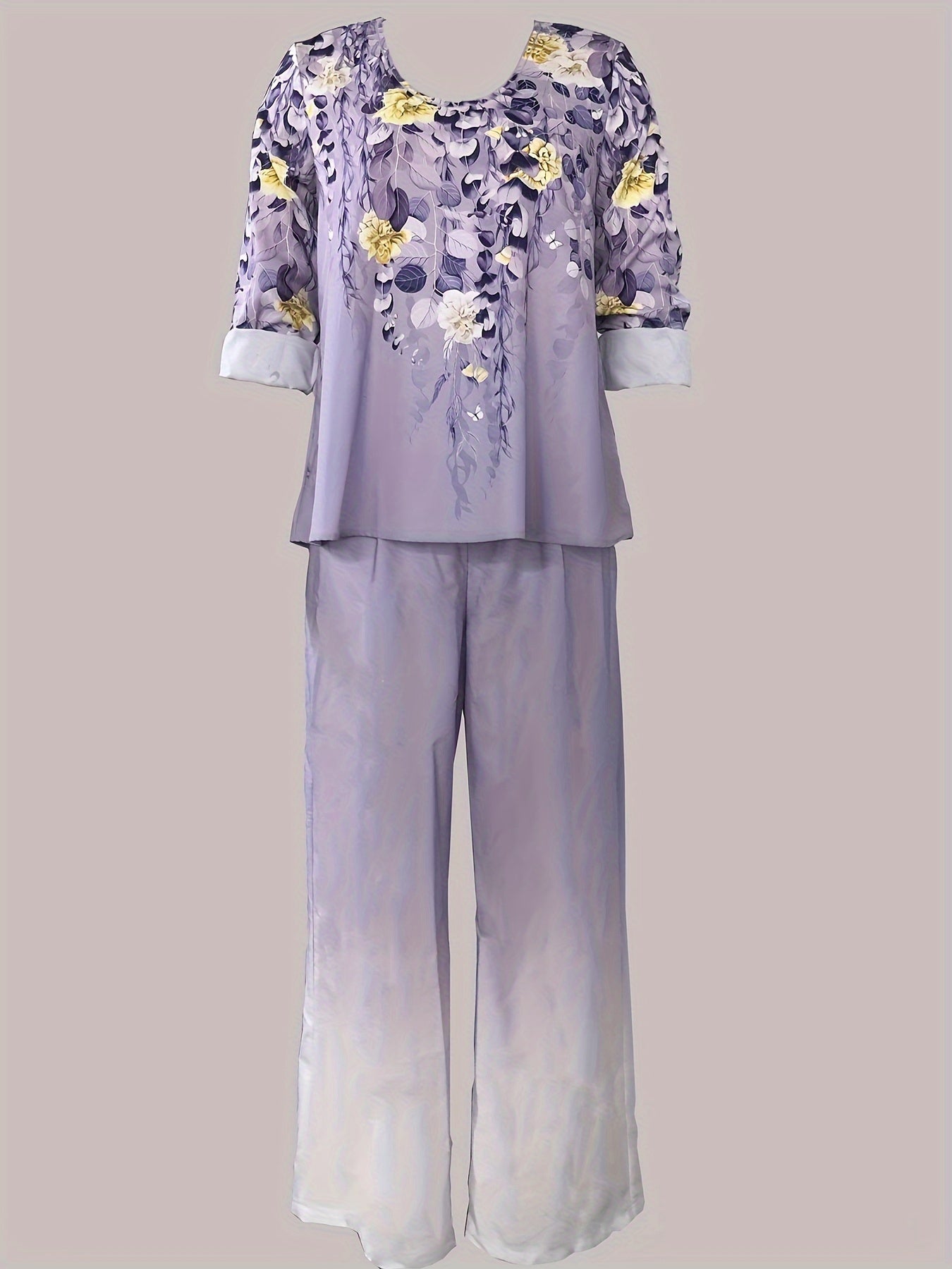 Women's Plus Floral Print Top & Ombre Pants 2-Piece Set