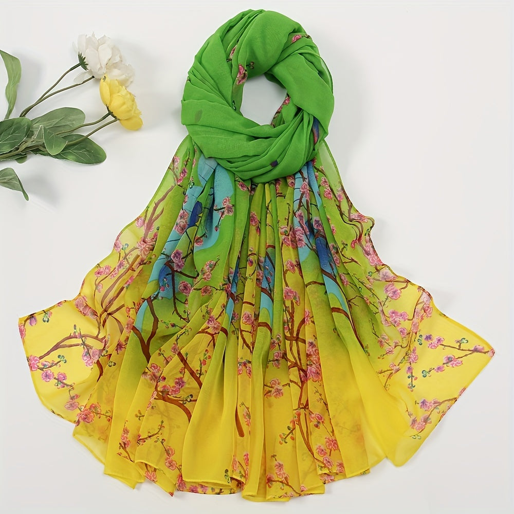 Boho Floral Print Green Scarf Vintage Thin Sunscreen Shawl