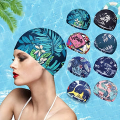 Adult Swim Caps Leaf Print Waterproof Bathing Cap for Long & Short Hair