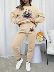 Women's Plus Floral Print Crew Neck Fleece Top & Joggers Set