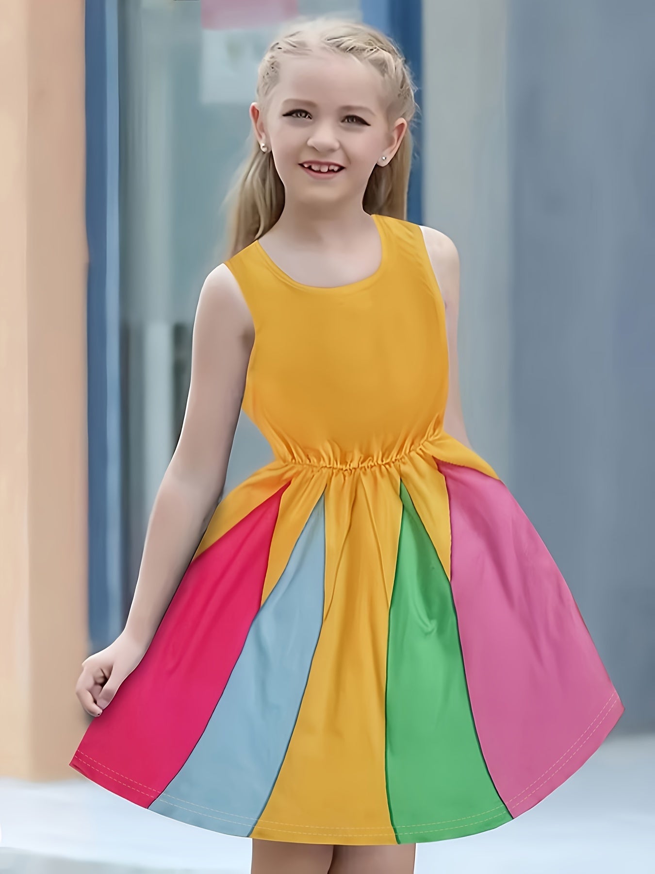 Dreamy Girls Splicing Colorblock Sleeveless Dress Summer Clothes Party Gift