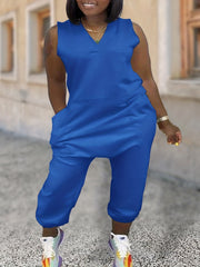 Casual Jumpsuit Women's Solid V Neck Romper With Pockets