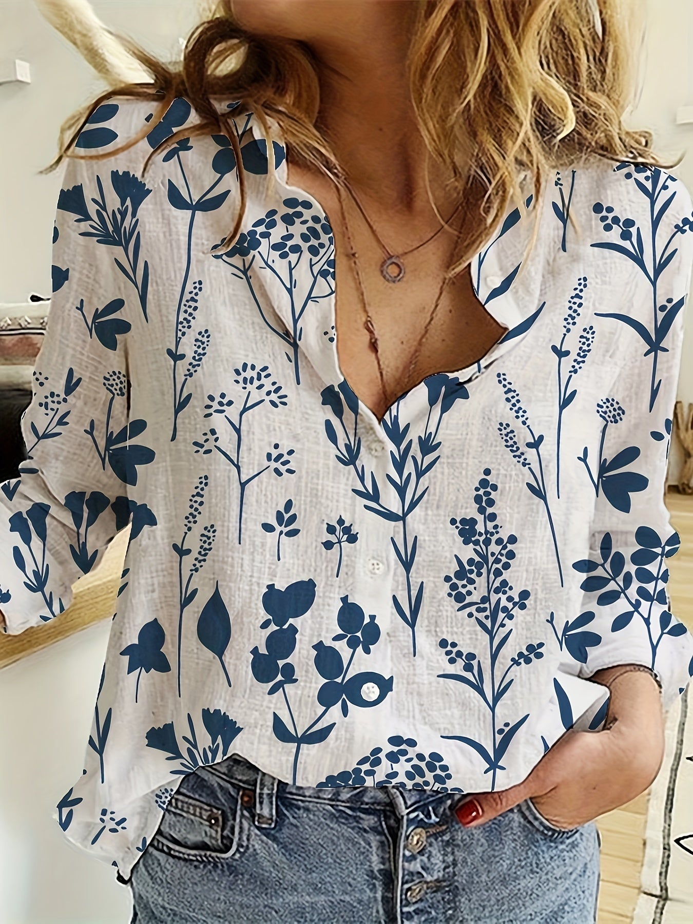 Floral Print Long Sleeve Button Up Shirt Top