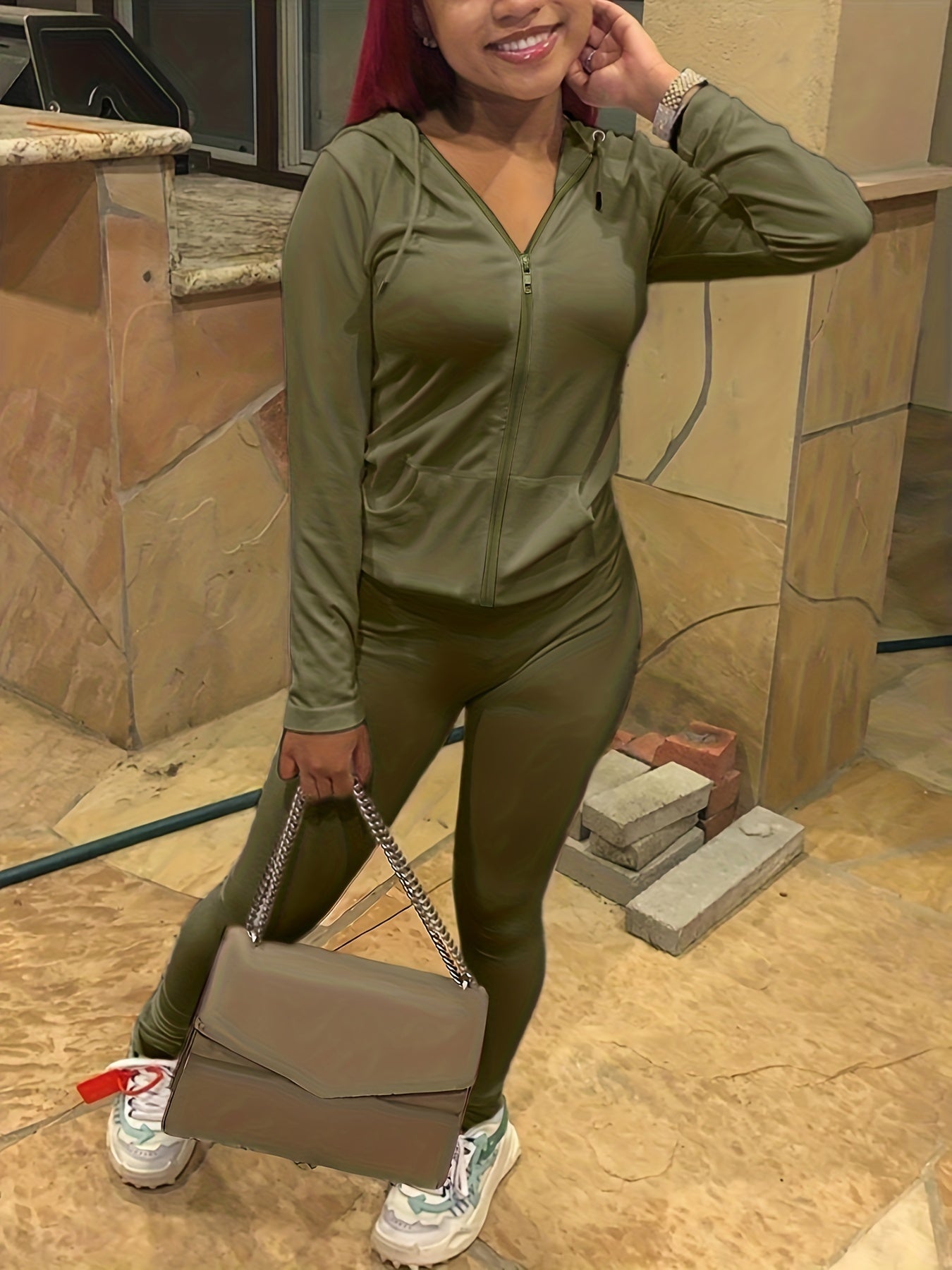 Casual Solid Hooded Top & Loose Pants Set Women's Clothing