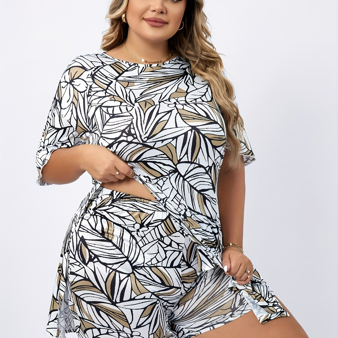 Leaf Print Lounge Set Short Sleeve Top & Shorts Pajama Two Piece