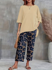 Casual 2pc Set Crew Neck T-shirt & Floral Wide Leg Pants