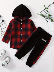 Toddler Boy's Hooded Shirt & Pants Set Plaid Pattern Outfit