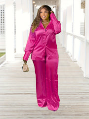 Plus Size Solid Button Up Blouse & Pants Set