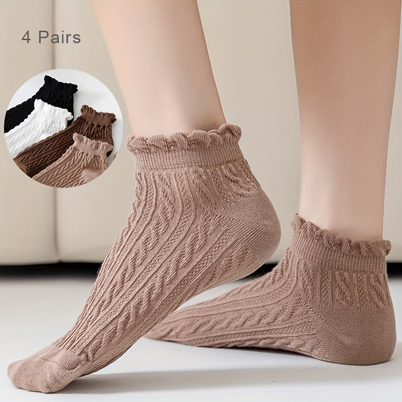 4 Pairs Floral Trim Ankle Socks Textured Causual Women's Stocking
