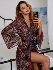 Leopard Mesh Night Robe Long Sleeve V-Neck Long Robe Women's Lingerie