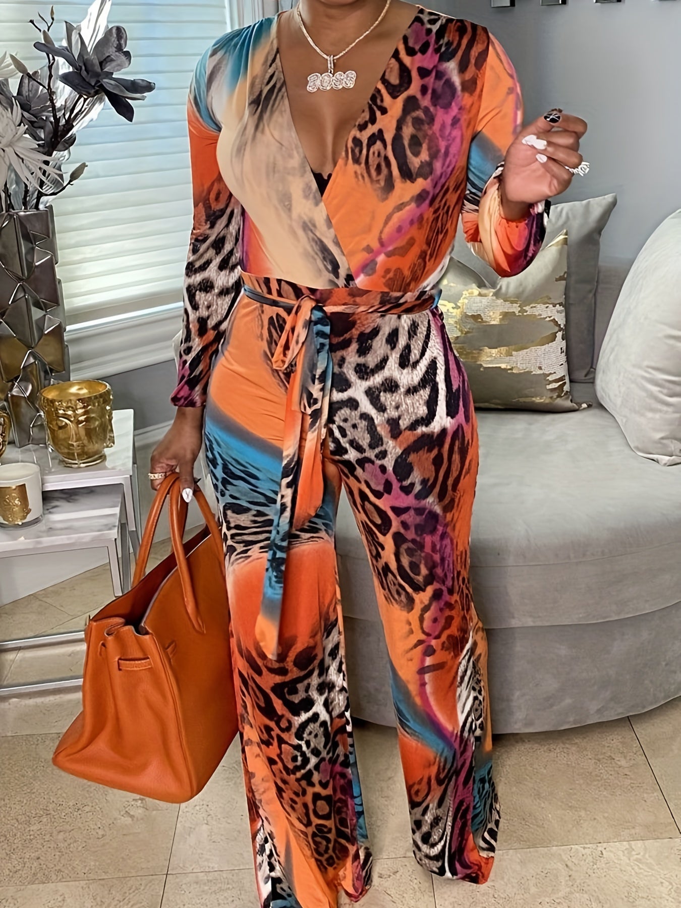 Leopard Print Surplice Neck Jumpsuit Long Sleeve Wide Leg Jumpsuit