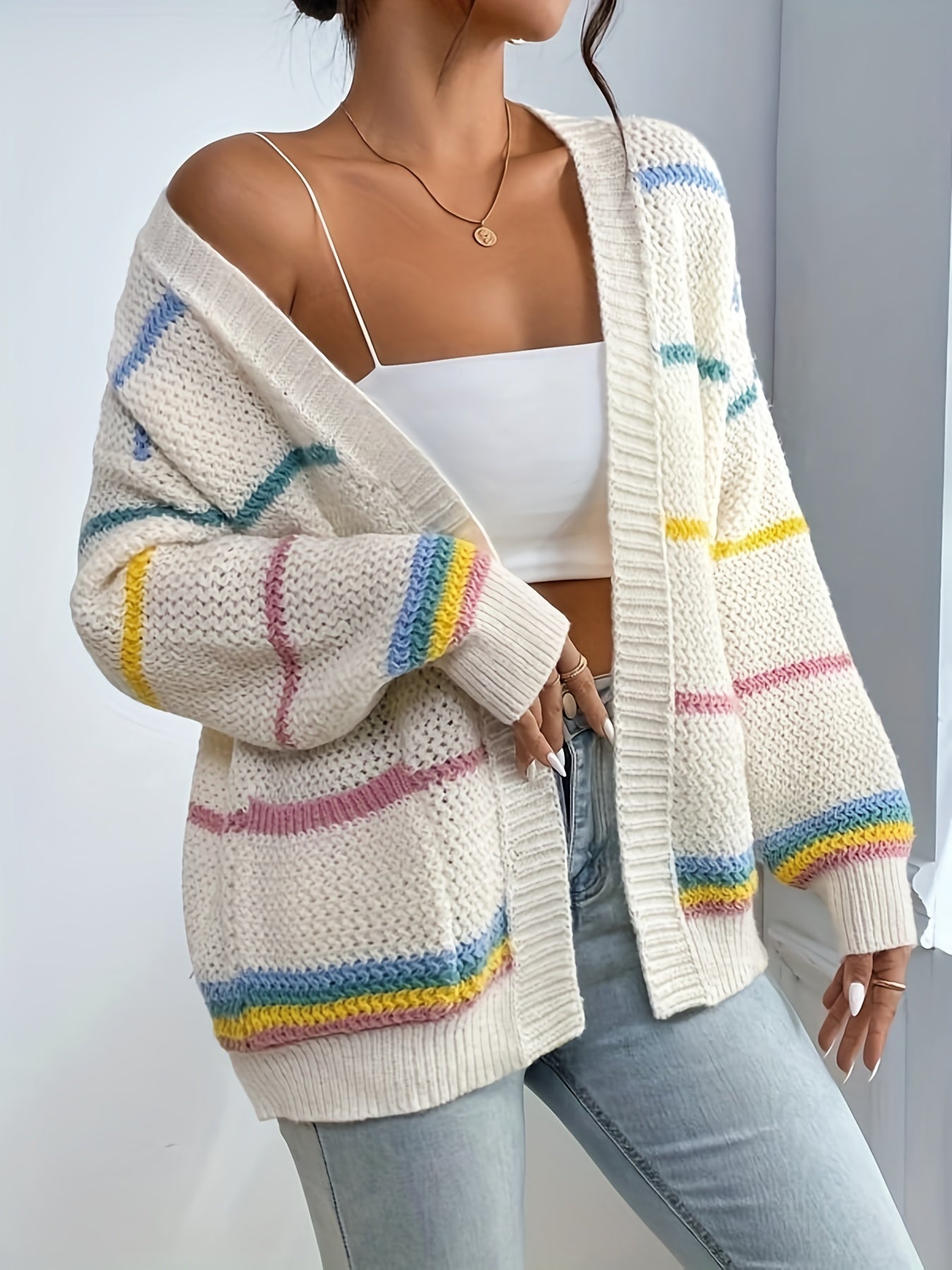 Colorful Stripe Open Front Cardigan Casual Dual Pockets Long Sleeve Cardigan