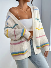 Colorful Stripe Open Front Cardigan Casual Dual Pockets Long Sleeve Cardigan