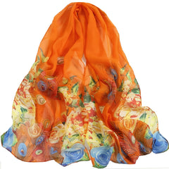 Peacock Print Chiffon Scarf for Women