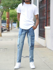 Mens Slim Fit Cargo Jeans Distressed Medium Stretch Denim Pants