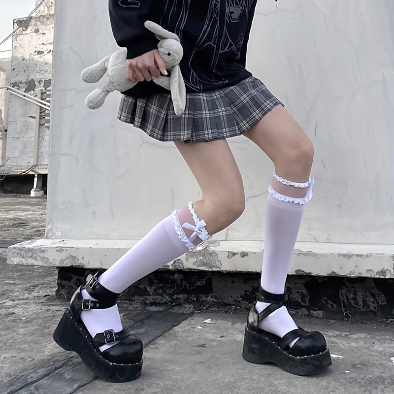 Bow Decor Calf Socks Mesh Stitching Knee High Socks