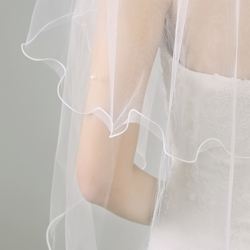Bridal Veil with Beaded Embellishments Two Layer Lace Overlay for Weddings
