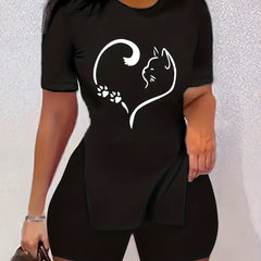 2pcs Heart And Cat Graphic Split Tee & Shorts Set Women's Activewear