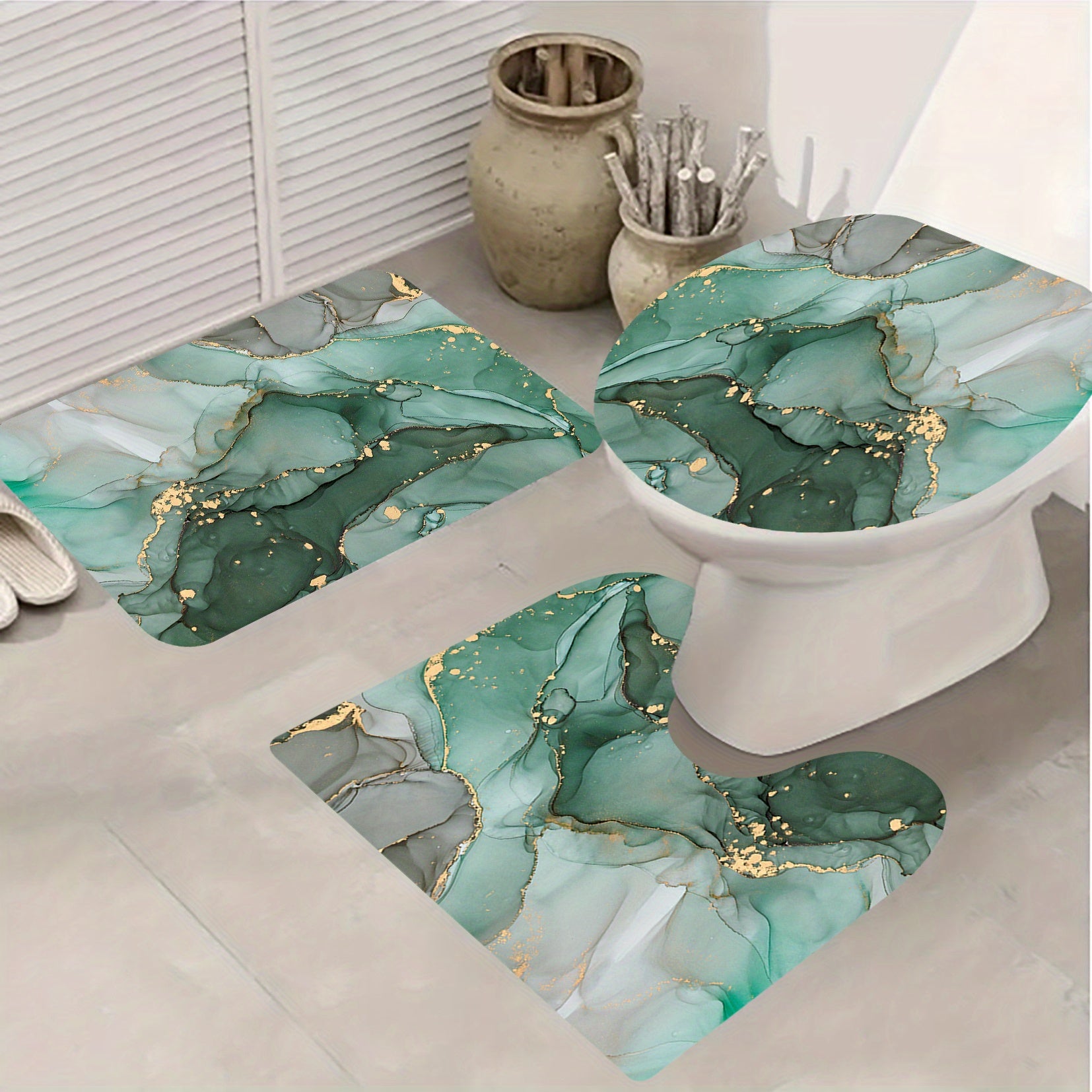 3pcs Green Marble Pattern Shower Curtain Set