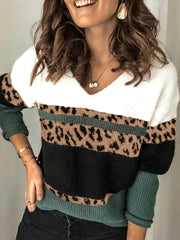 Colorblock Leopard V Neck Sweater