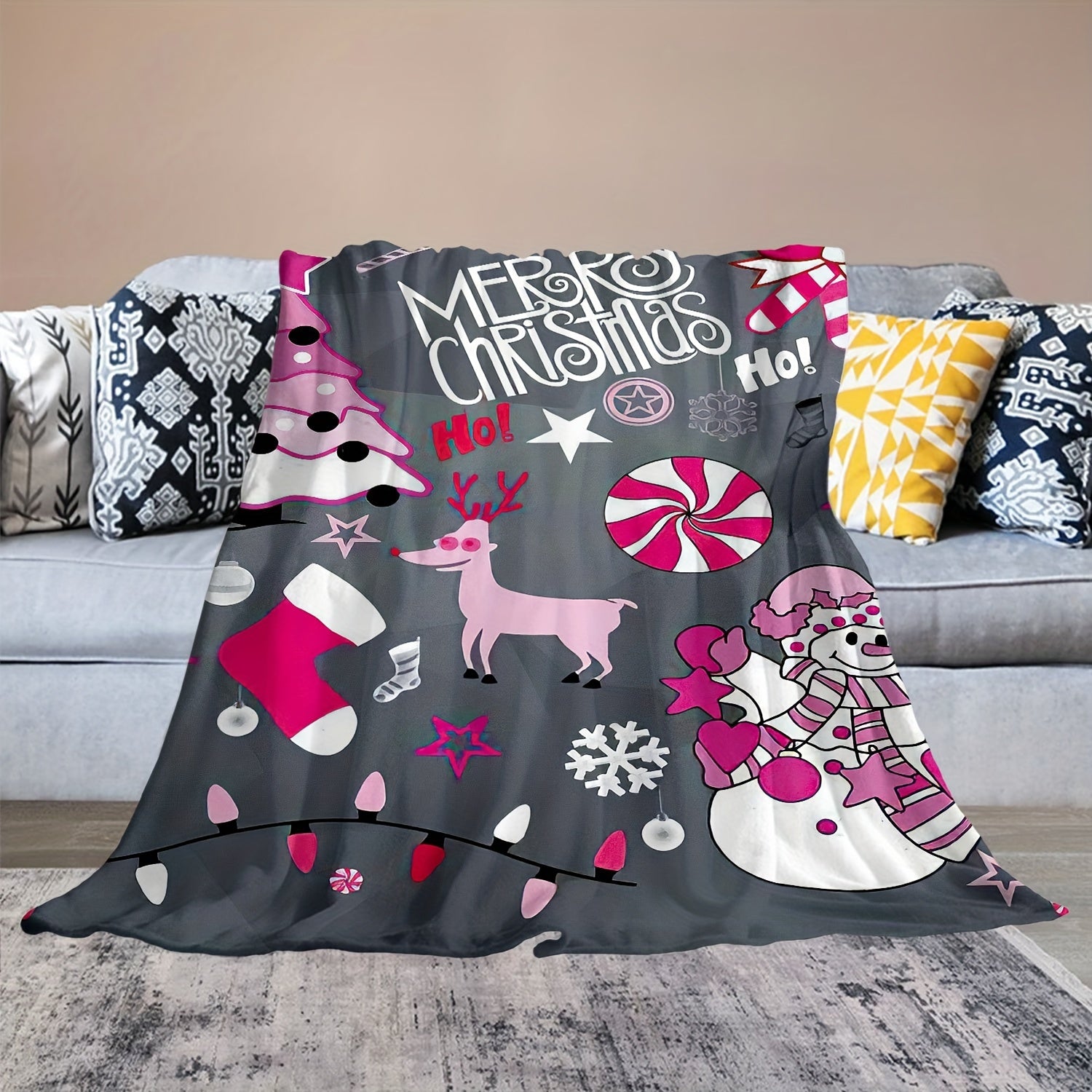 Christmas Snowman Elk Stocking Throw Blanket Soft Lightweight Sofa Blanket