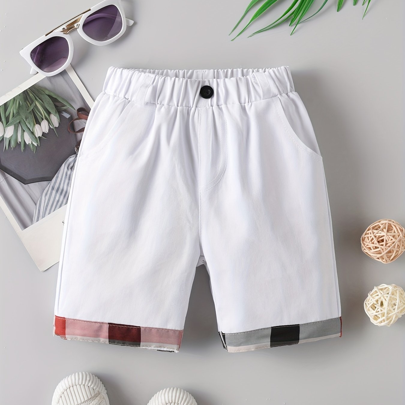 Boys Plaid Trim Shorts Soft Comfortable Breathable Kids Summer Clothes