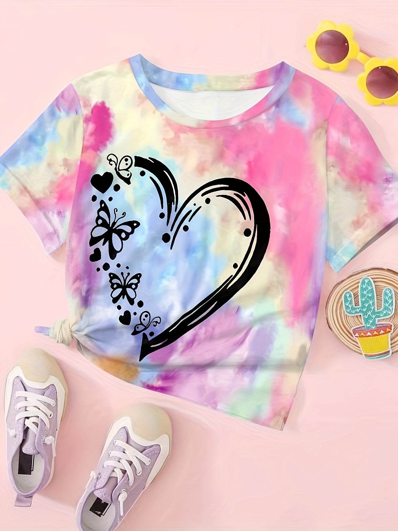 Tie Dye Heart Graphic Short Sleeve T-Shirt for Girls Summer Sports