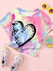 Tie Dye Heart Graphic Short Sleeve T-Shirt for Girls Summer Sports