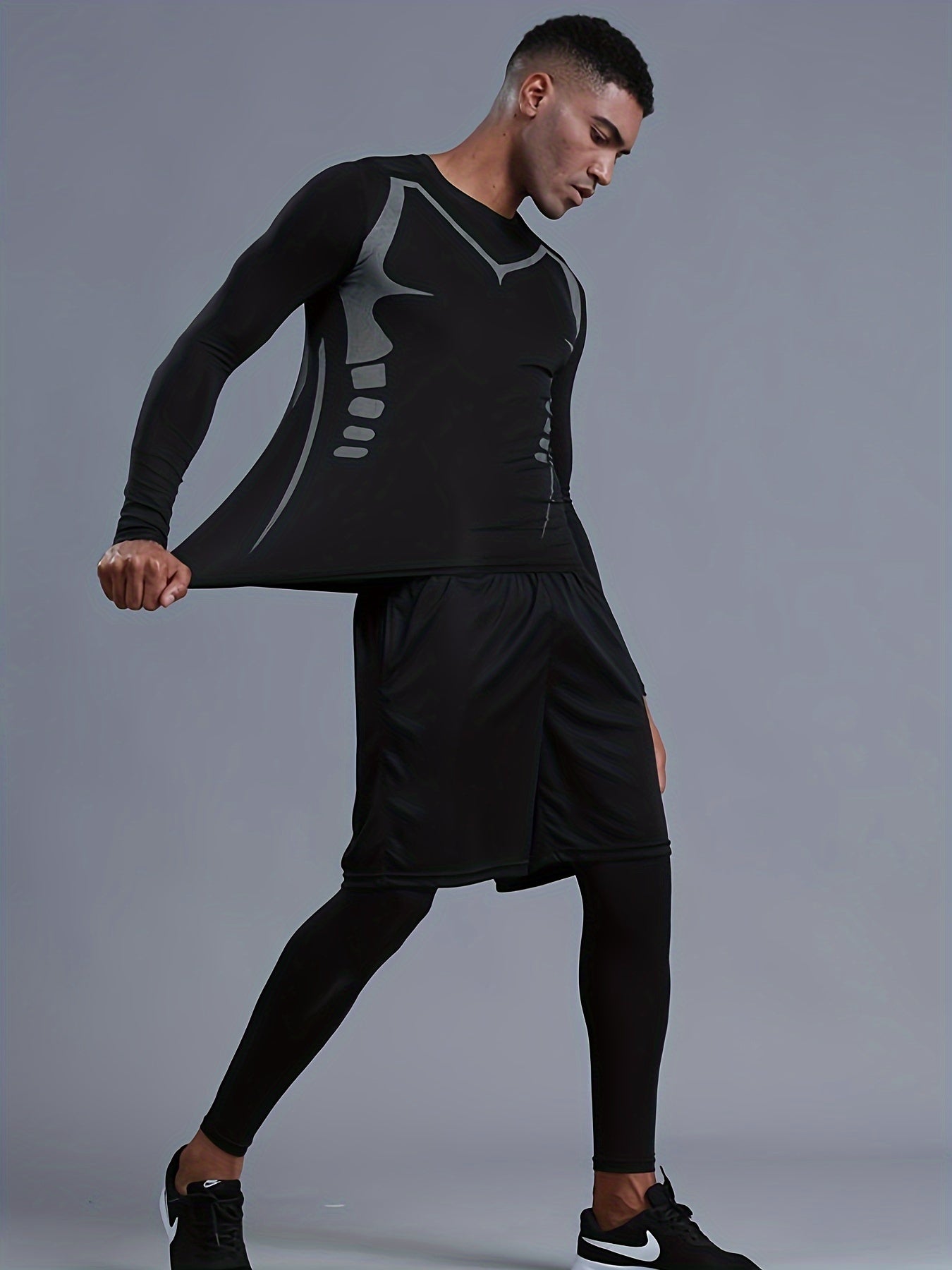 Men's Quick Drying Long Sleeve T-shirt & Shorts Set for Fitness