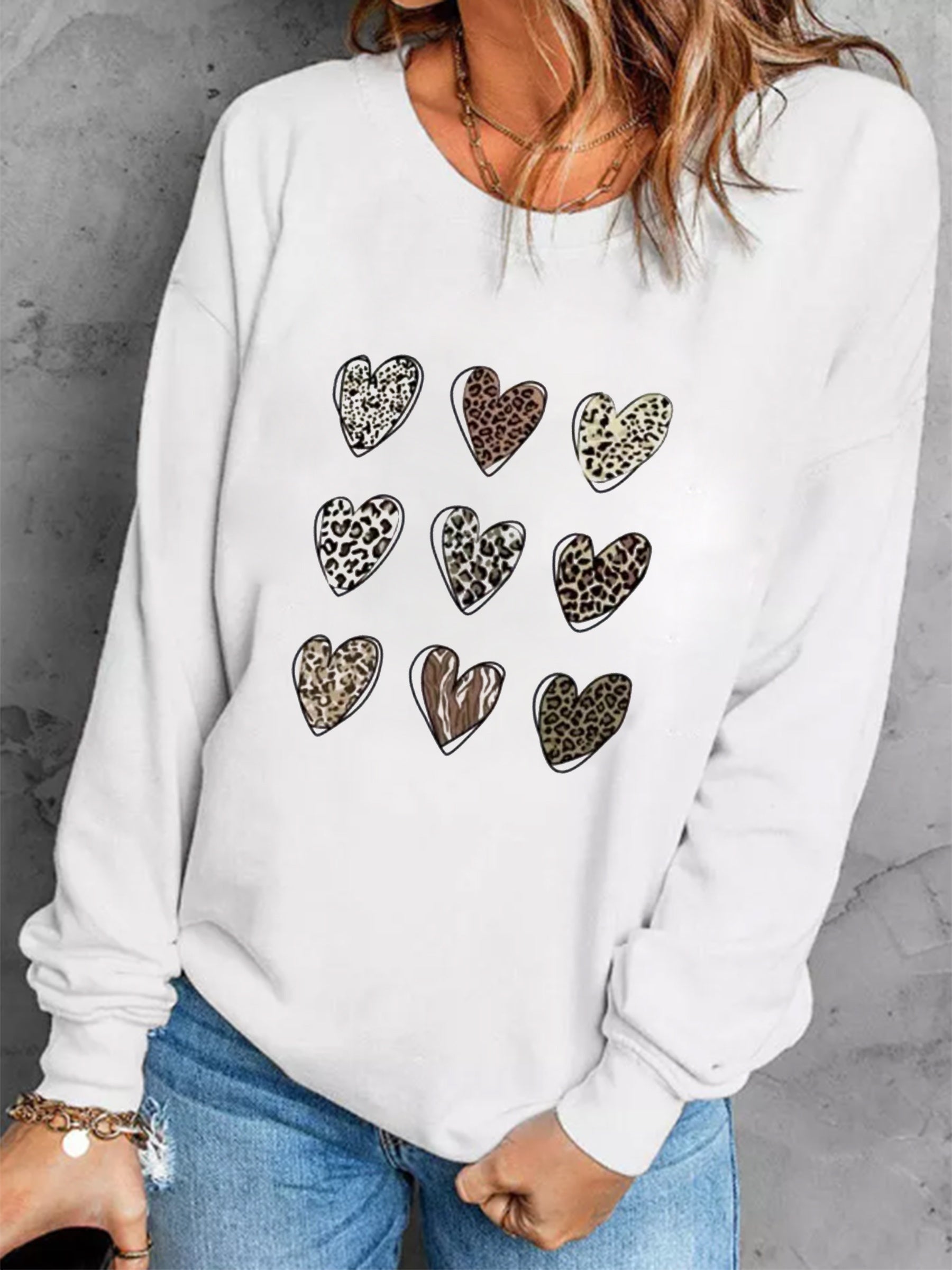Heart Print Crew Neck Sweatshirt for Fall & Winter