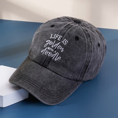 Distressed Baseball Cap Life Is Golden Doodle Embroidery