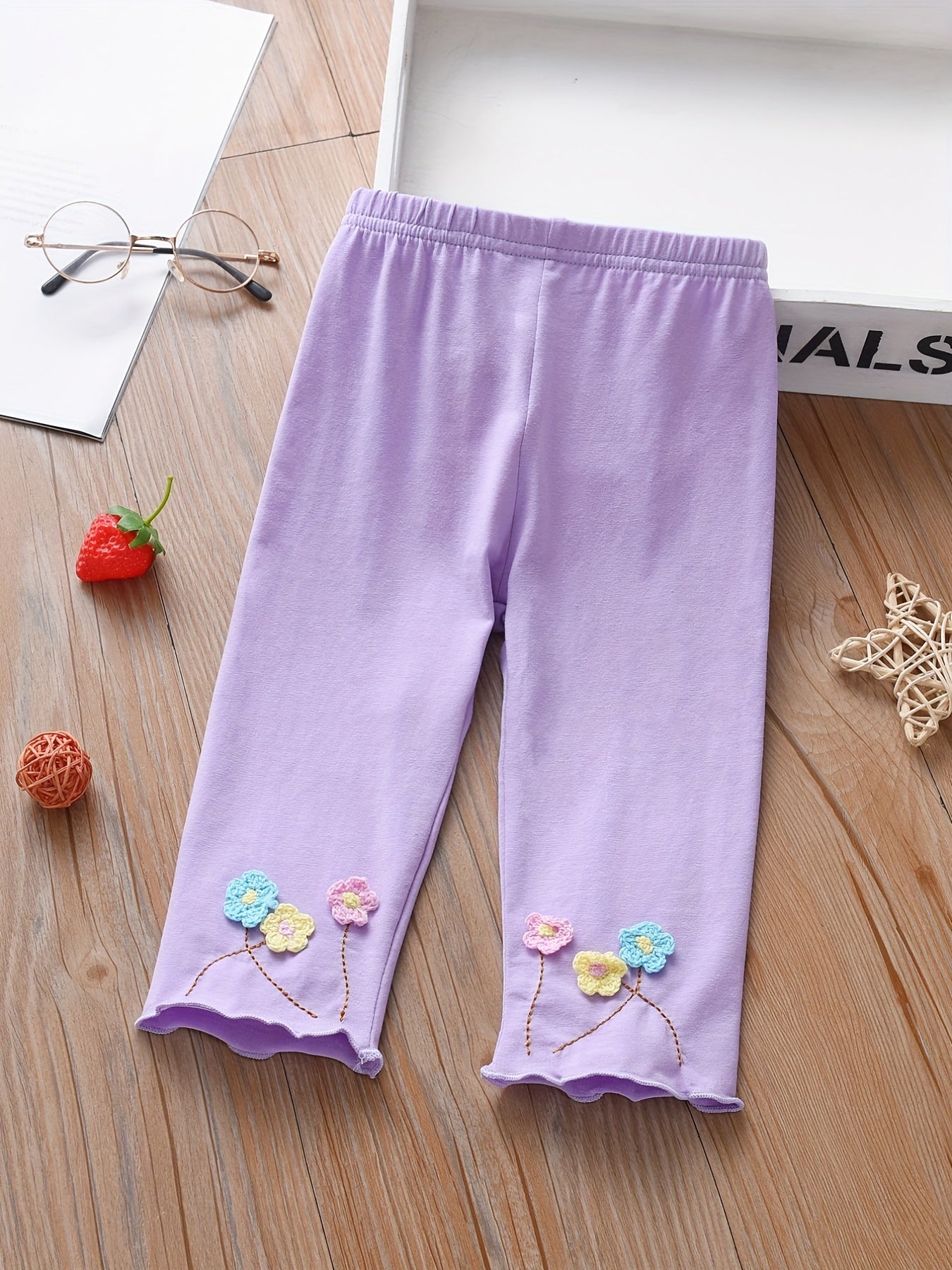 Girls Floral Embroidered Leggings Breathable Casual Pants Summer